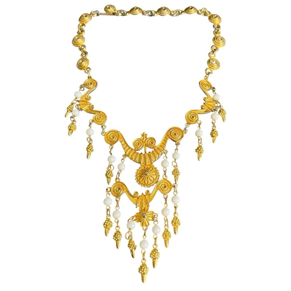 Vintage Gold Bib Necklace Waterfall Pendants Etruscan Revival Maximalist Vendome